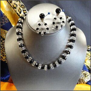 1920s Art Deco Monochromatic Glass Necklace w Earrings Set Signed West Germany